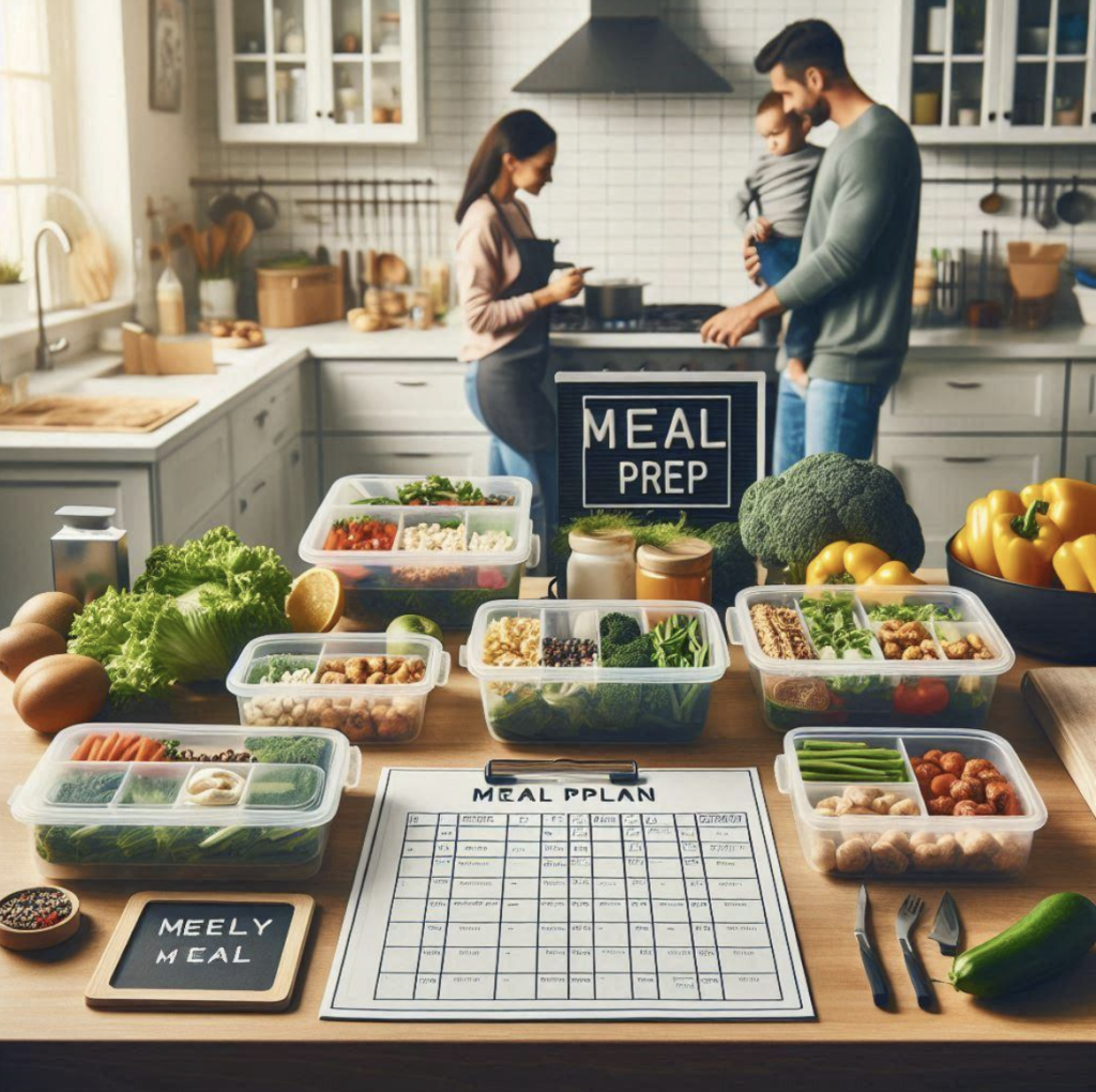 Busy parents in the kitchen meal planning.